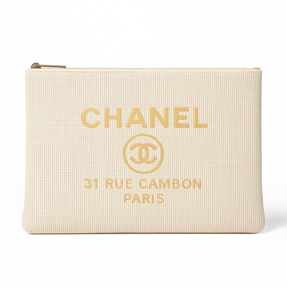 Chanel 31 Rue Cambon Canvas Pouch — Beige / Gold Logo - Picture 6 of 8